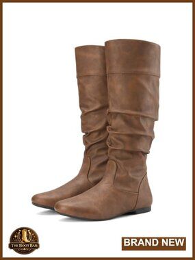 Slouchy Knee High Pull On Flat Boots Women Synthetic Rounded Toe